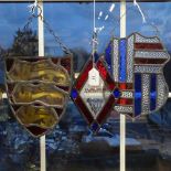 3 stained lead-light glass hanging panels, including Royal Arms of England, largest height 26cm (3)