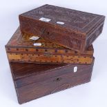 An Eastern carved hardwood Paisley design box, an inlaid jewelbox, and a rosewood sewing box, length