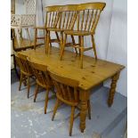 A rectangular pine farmhouse kitchen table, on baluster turned legs, L180cm, H74cm, D90cm,