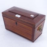 A 19th century inlaid sarcophagus tea caddy, with ring handles and fitted interior, length 31cm