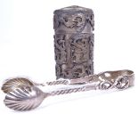 A pair of 19th century silver sugar nips, and a Chinese white metal cylindrical box and cover,