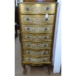 A Continental serpentine giltwood chest of 7 short drawers, on cabriole legs, W91cm, H122cm, D29cm