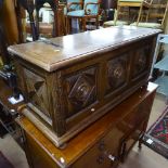 A French crossbanded and panelled oak coffer on bun feet, W99cm, H46cm, D35cm
