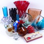 Various Art glass, including bark design vases, octopus paperweight etc