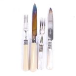 A set of 6 fruit knives and forks, with mother-of-pearl handles and silver collars, and a set of 6