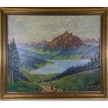 A large mid-20th century oil on board, Swiss Alps scene, indistinctly signed, 79cm x 96cm, framed