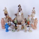 A Grimwade's Dickens figure, 18cm, a pair of Continental porcelain figures on plinths, and other
