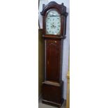 An 18th century 8-day clock, with arch-top painted dial and 2 subsidiary dials, in a cross-banded