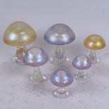 A group of 6 Heron iridescent glass mushroom paperweights, largest height 15cm