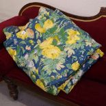 A pair of lined and inter-lined blue ground curtains with sprays of yellow flowers, L200cm,