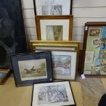 A quantity of various watercolours pictures and prints, including pair by F Parr, coloured hunting