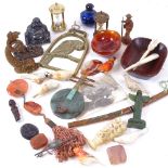 Various collectables, including Dior Midnight Poison perfume bottle, agate bowls, haematite Buddha