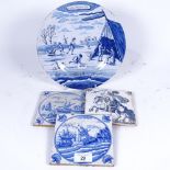 A group of Dutch Delft tin-glaze items, including tiles and January plate, diameter 24cm (4)