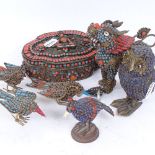 A group of Chinese turquoise lapis and coral set brass animals, including an owl, height 10cm,