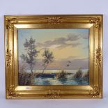G Brouwer, oil on canvas, lake scene, carved giltwood frame, overall 55cm x 68cm