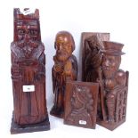 A group of wood carvings, all 20th century, including a wine bottle case in the form of a King