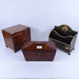 A sarcophagus caddy, length 27cm, a jewellery chest, and a stationery rack with painted floral