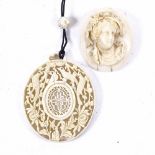 A 19th century relief carved ivory cameo brooch, and a Chinese ivory pierced pendant necklace,