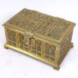 An early 20th century Gothic brass jewel box, with felt-lined interior, length 16cm