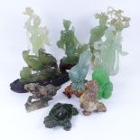 Various jadeite carvings and figures, green glass Dog of Fo, carved hardstone Tang style horse, jade