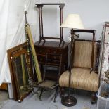 A group of mixed furniture, to include upholstered armchair, folding chair, Victorian mirror,