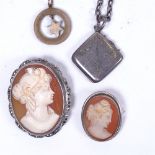 A relief carved cameo in a silver and marcasite surround, a smaller relief carved cameo, silver-
