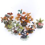 5 small pots of decorative hardstone flowers and fruit, and a wooden bowl containing hardstone fruit