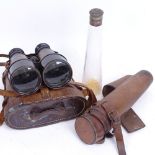 A pair of First World War Period brass and leather-covered field binoculars, by Hezzanith,