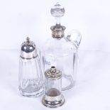 A glass decanter with silver collar, a sugar sifter with silver lid, and another (3)