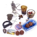 Various interesting collectables, including Roman style polished stone buckle, horn beaker, agate