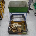 Industrial 2-handled galvanised metal bin on a wheeled stand, various tools