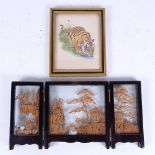 A Chinese carved cork triptych, in stained wood frame, 12cm x 23cm, and a Chinese watercolour, study