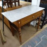 A Victorian washstand with rectangular grey veined marble top, and a pitch pine stand with single