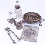 A silver oyster shell design dish, 2 menu holders, sugar nips etc