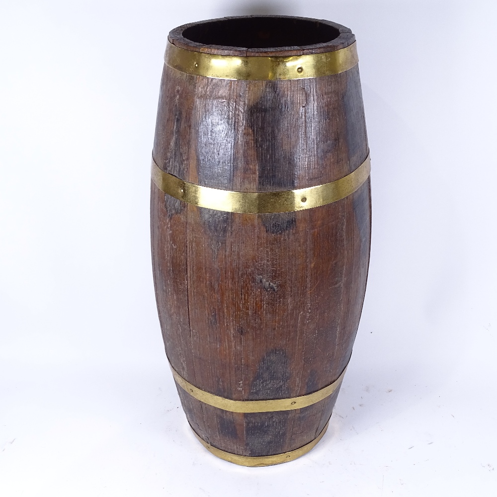 A coopered oak brass-bound barrel stick stand, height 63cm - Image 2 of 2