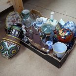 A box with Faience and other jugs, ornaments, hardstone bowls, bookends etc