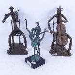 A pair of metal sculptures depicting musicians, 26.5cm, and a verdigris metal sculpture of ballet