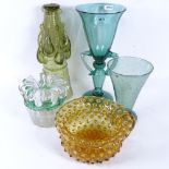 A large unusual green glass vase, and other coloured glass