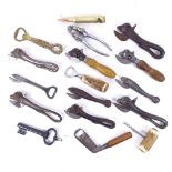 Various bottle openers, corkscrews and can openers, including novelty silver plated golf club