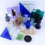 Various glassware, including Latticino chamberstick, green cuboid vase, Venetian swan dish etc