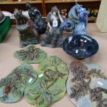 A collection of handmade clay Studio pottery figures and plaques, largest height 24cm