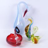 An Art glass bird, 35cm, and 3 others