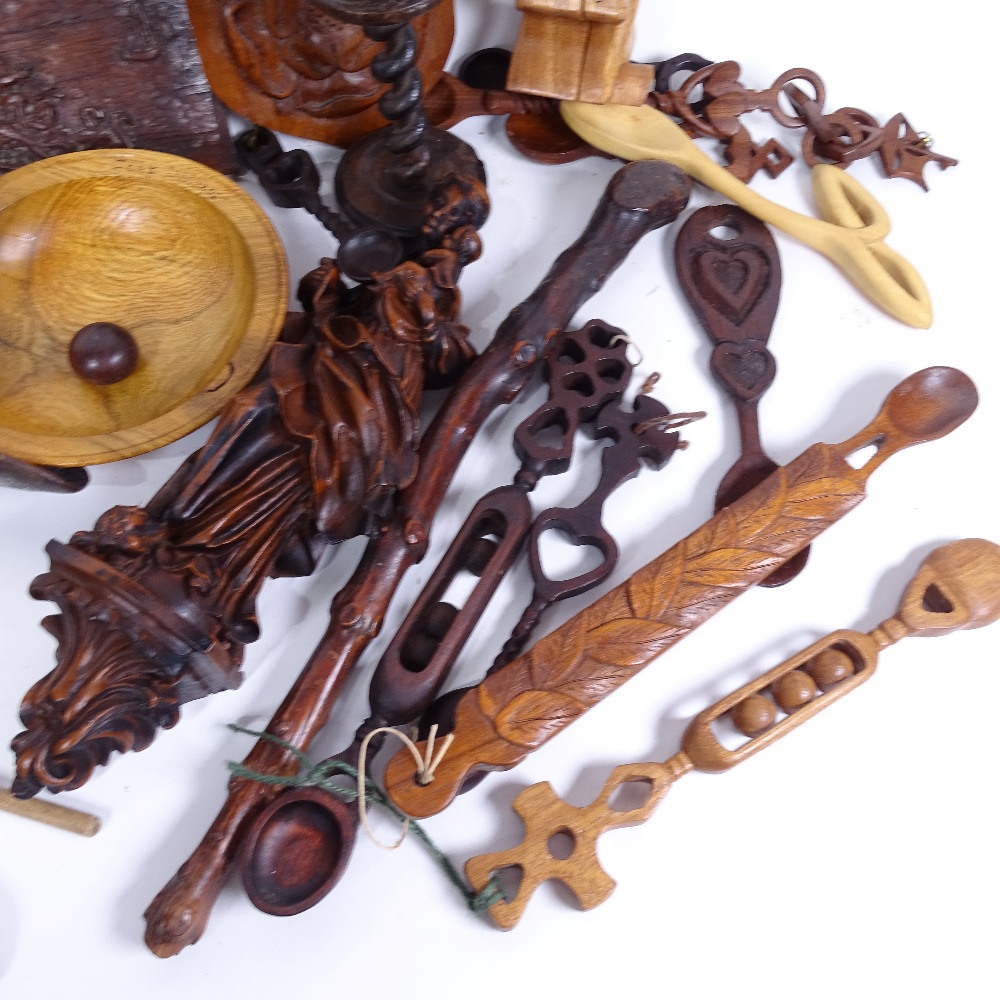 Various Welsh carved oak loving spoons, carved wood plaques, wall hanging resin sculpture etc ( - Image 2 of 2
