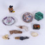 Various collectables, including novelty wine bottle stopper, malachite box, Meerschaum pipe etc