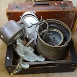 A copper kettle, brass andirons, brass pot, vase, and a suitcase etc