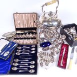 A Victorian silver plated spirit kettle on stand, cased cutlery, Georgian style silver salts etc