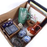 A large glazed pottery stein, empty Lalique boxes, Aston Martin DB5 007 toy car, woodworking plane