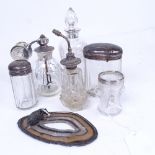 A Victorian etched glass bottle and stopper, with silver collar, silver-mounted atomisers, and other