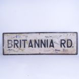 A Vintage pressed and painted Britannia Road street sign, 28cm x 92cm