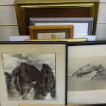 4 early 20th century photographs, mountain landscapes, and various other watercolours and prints